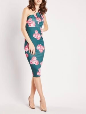 Robe fourreau bleue à imprimés floraux roses
