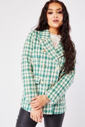 Blazer Tweed Double Boutonnage – Chic et Intemporel - Vert et Blanc